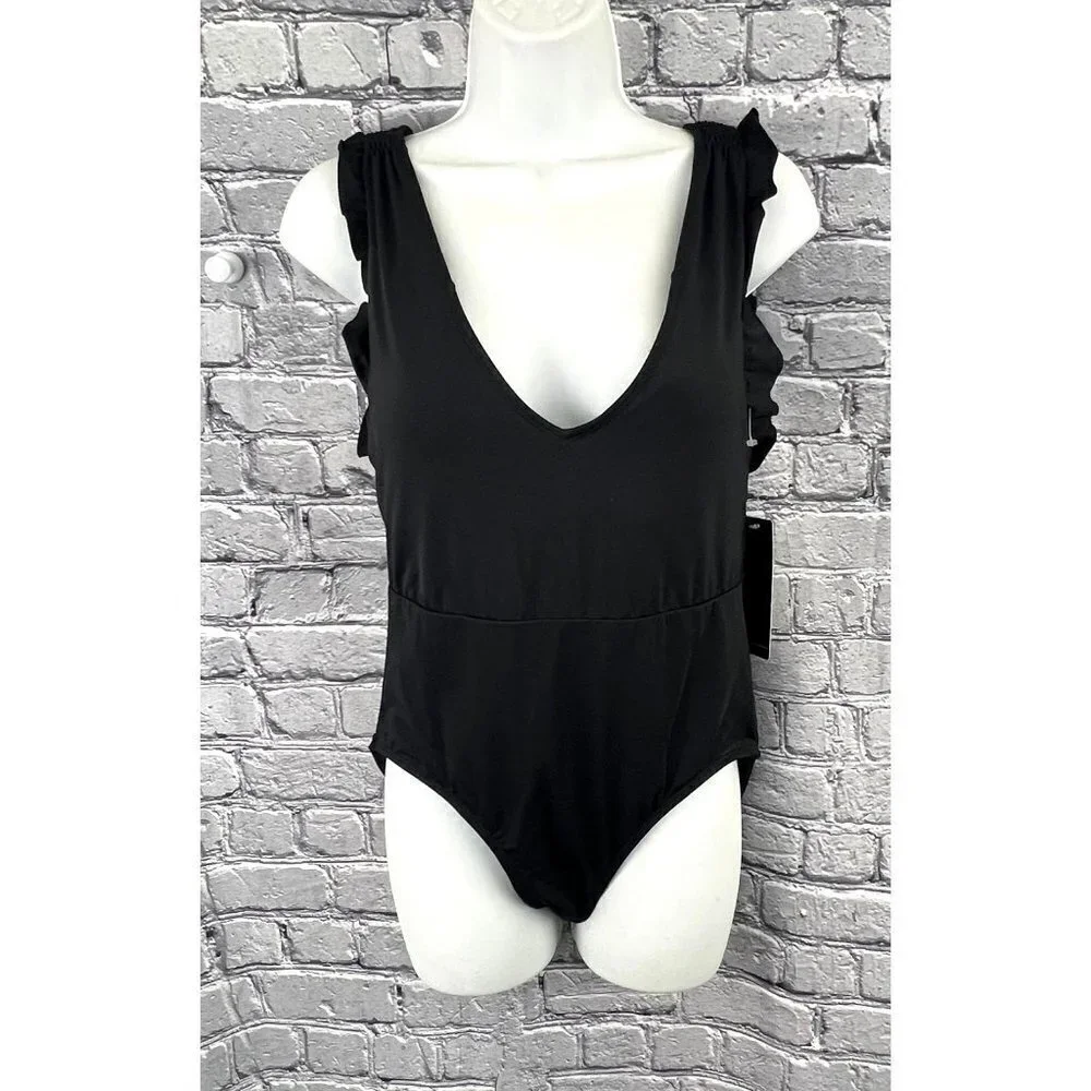 Catalina Swimwear Black‎ 1 Piece Swimsuit Size M Ruffle Smocked Deep Plunge NWT